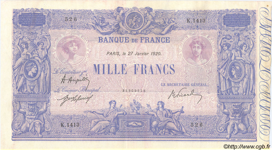 1000 Francs BLEU ET ROSE FRANCE  1920 F.36.35 SUP