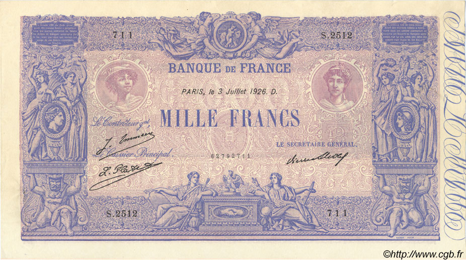1000 Francs BLEU ET ROSE FRANCE  1926 F.36.43 SPL