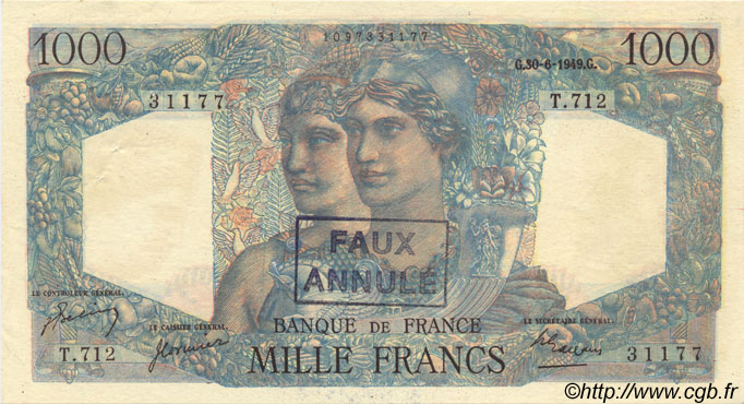 1000 Francs MINERVE ET HERCULE FRANCE  1949 F.41.27 SUP