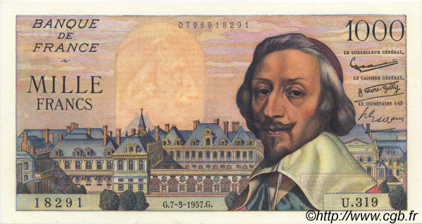 1000 Francs RICHELIEU FRANCE  1957 F.42.25 pr.SPL