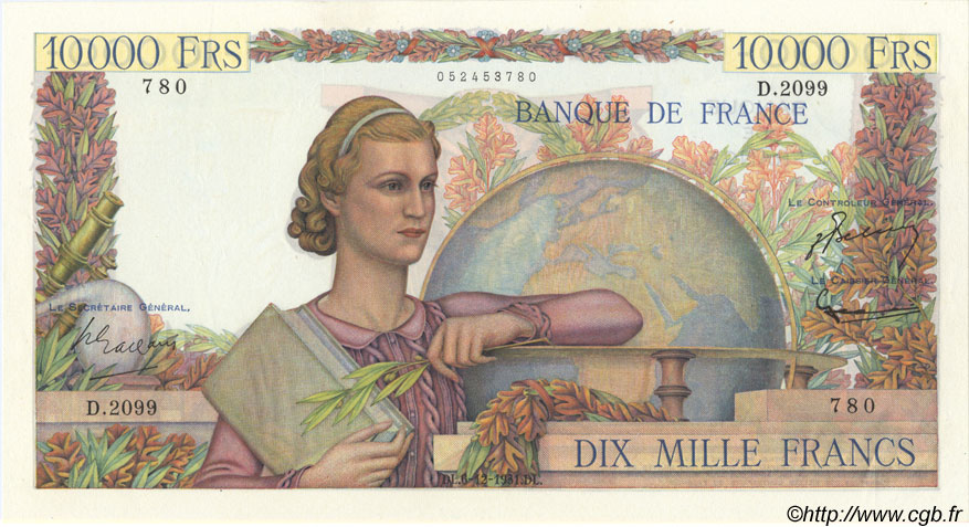 10000 Francs GÉNIE FRANÇAIS FRANCE  1951 F.50.55 SPL