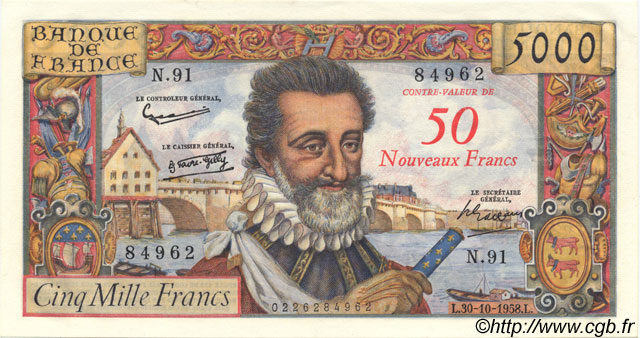 50 NF sur 5000 Francs HENRI IV FRANCE  1958 F.54.01 SPL
