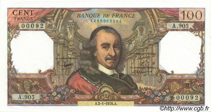 100 Francs CORNEILLE FRANKREICH  1976 F.65.51 fST+