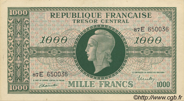 1000 Francs MARIANNE chiffres maigres FRANCE  1945 VF.13.02 SUP+