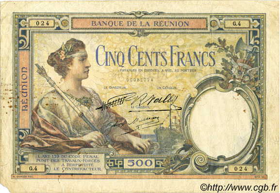 500 Francs ÎLE DE LA RÉUNION  1930 P.25 TB
