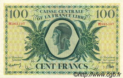 100 Francs REUNION ISLAND  1943 P. UNC-