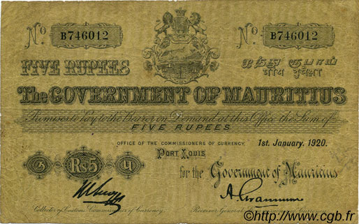5 Rupees ÎLE MAURICE  1920 P.16 TB