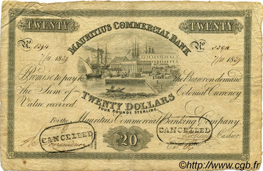20 Dollars - 4 Pounds Sterling ÎLE MAURICE  1839 PS.125 TB+