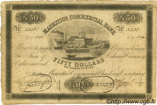 50 Dollars - 10 Pounds Sterling ÎLE MAURICE  1840 PS.126 pr.TTB