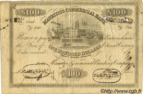 100 Dollars - 20 Pounds Sterling Annulé ÎLE MAURICE  1841 PS.127 TB