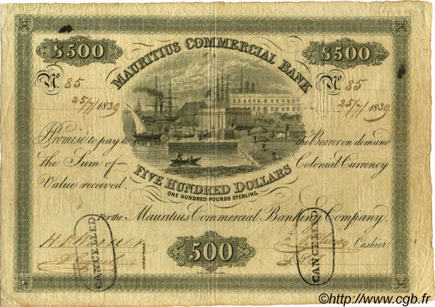 500 Dollars - 100 Pounds Sterling Annulé ÎLE MAURICE  1839 PS.129a TB+