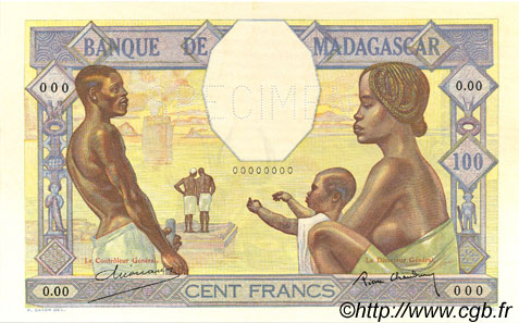 100 Francs MADAGASCAR  1937 P.040s pr.NEUF