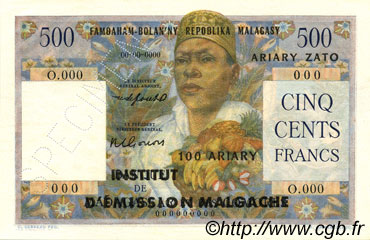 500 Francs - 100 Ariary MADAGASCAR  1961 P.053s FDC
