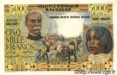 5000 Francs - 1000 Ariary MADAGASCAR  1961 P.055 TTB+