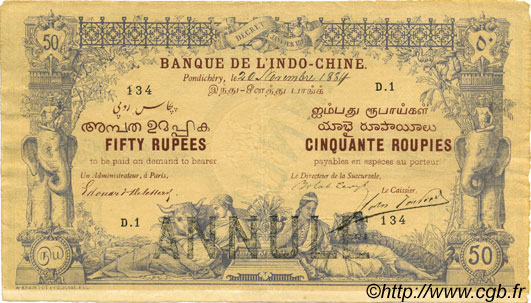 50 Rupees - 50 Roupies INDE FRANÇAISE  1884 P.A2s TTB+