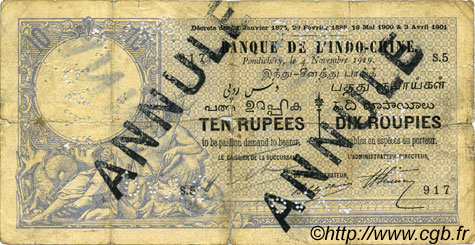 10 Rupees / 10 Roupies Annulé INDE FRANÇAISE  1919 P.02b B