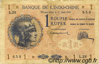 1 Rupee - 1 Roupie INDE FRANÇAISE  1923 P.04b pr.TB