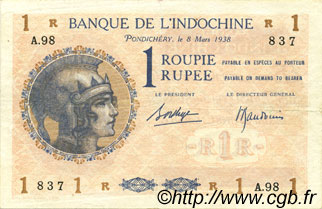 1 Rupee - 1 Roupie INDE FRANÇAISE  1938 P.04d TTB+
