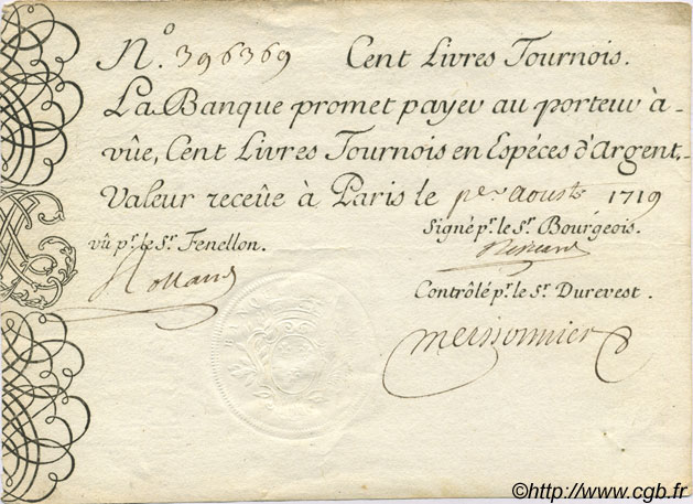100 Livres Tournois gravé FRANCE  1719 Laf.080 SUP