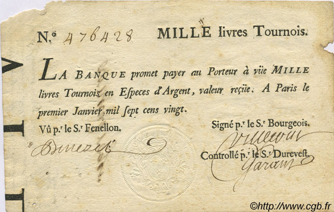1000 Livres Tournois typographié FRANCE  1720 Laf.091 TB+