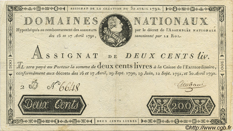 200 Livres FRANCE  1792 Laf.154 TTB