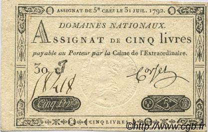 5 Livres FRANCE  1792 Laf.156 pr.SUP