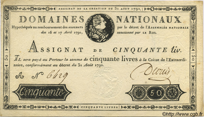 50 Livres FRANCE  1792 Laf.157 TTB