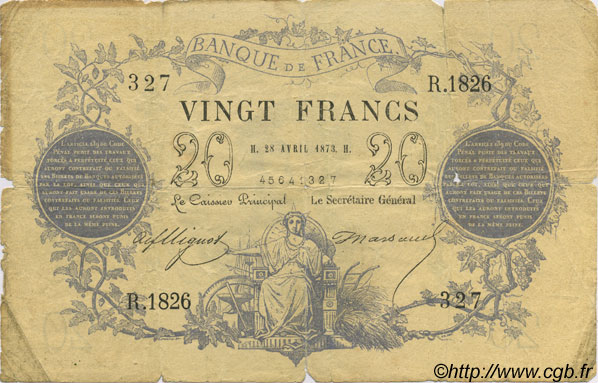 20 Francs type 1871 FRANCE  1873 F.A46.03 B+