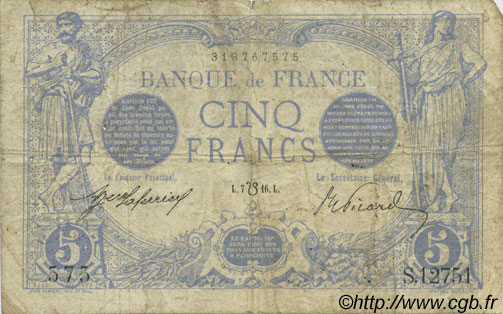 5 Francs BLEU lion inversé FRANCE  1916 F.02bis.04 AB