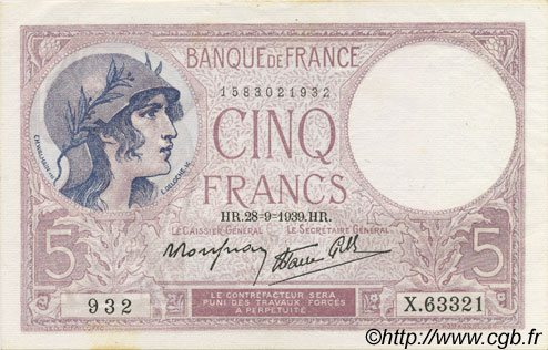 5 Francs FEMME CASQUÉE modifié FRANCE  1939 F.04.10 SPL+