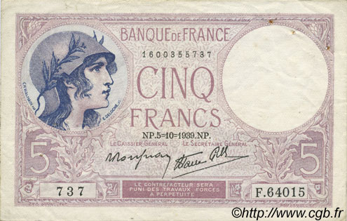 5 Francs FEMME CASQUÉE modifié FRANCE  1939 F.04.11 TTB+