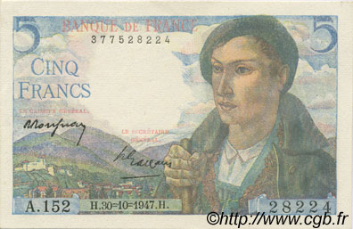 5 Francs BERGER FRANCE 1947 F.05.07 SPL