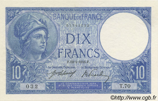 10 Francs MINERVE FRANCE  1916 F.06.01 SUP à SPL