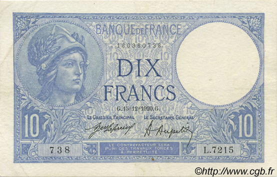 10 Francs MINERVE FRANCE  1920 F.06.04 TTB
