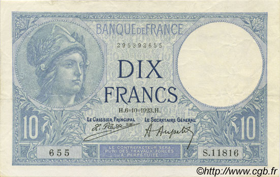 10 Francs MINERVE FRANCE  1923 F.06.07 TTB