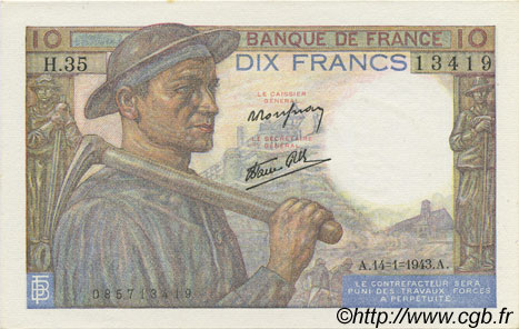 10 Francs MINEUR FRANCE  1943 F.08.07 pr.NEUF