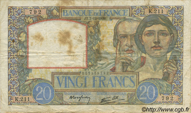 20 Francs TRAVAIL ET SCIENCE FRANCE  1939 F.12.01 pr.TB