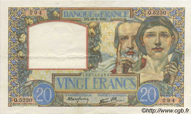 20 Francs TRAVAIL ET SCIENCE FRANCE  1941 F.12.17 SUP