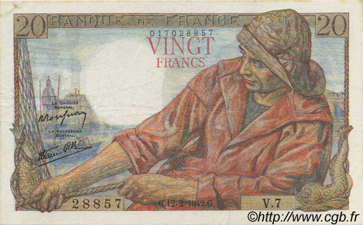 20 Francs PÊCHEUR FRANKREICH  1942 F.13.01 VZ