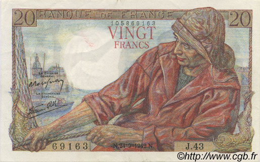 20 Francs PÊCHEUR FRANCE  1942 F.13.03 pr.SPL