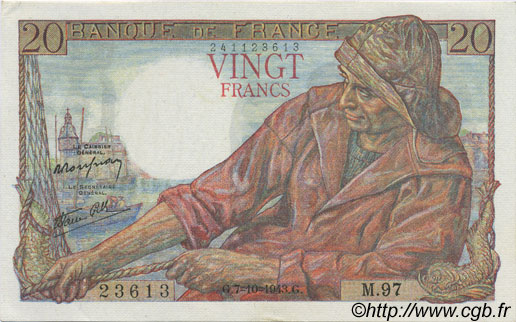 20 Francs PÊCHEUR FRANCE  1943 F.13.07 NEUF