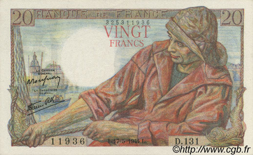 20 Francs PÊCHEUR FRANCE  1944 F.13.09 SPL