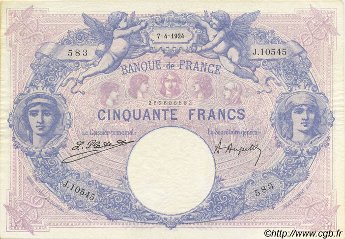 50 Francs BLEU ET ROSE FRANCE  1924 F.14.37 TTB