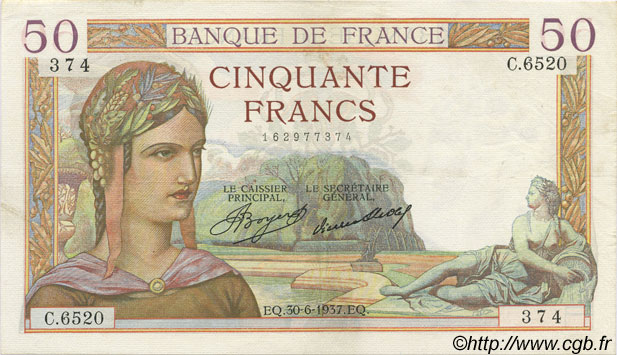 50 Francs CÉRÈS FRANCE  1937 F.17.40 pr.SUP