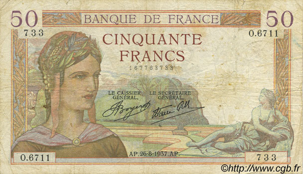 50 Francs CÉRÈS modifié FRANCE  1937 F.18.02 pr.TB