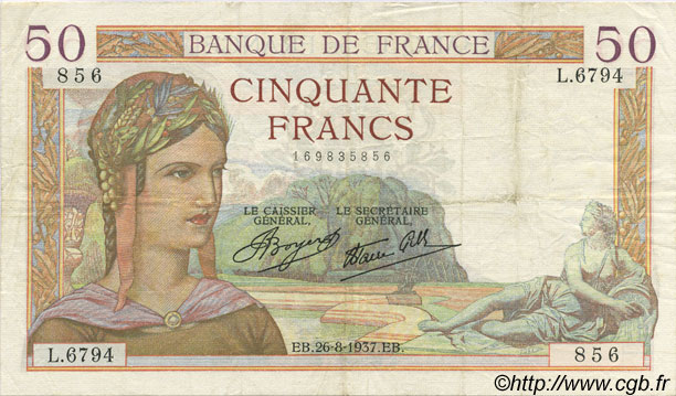 50 Francs CÉRÈS modifié FRANCE  1937 F.18.02 TTB