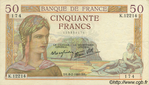 50 Francs CÉRÈS modifié FRANCE  1940 F.18.38 pr.SUP