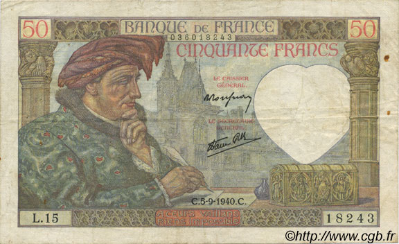 50 Francs Jacques CŒUR FRANCE  1940 F.19.02 TTB