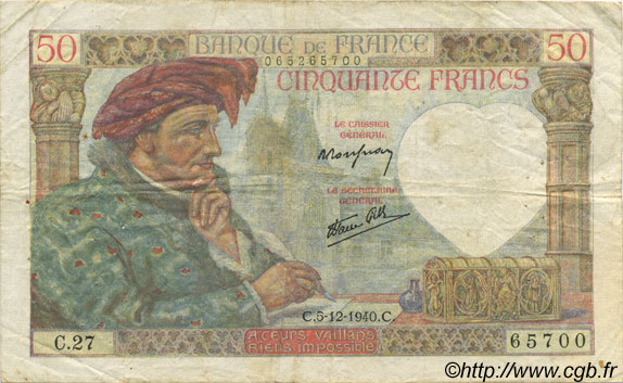 50 Francs Jacques CŒUR FRANCE  1940 F.19.04 TTB