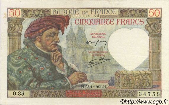 50 Francs Jacques CŒUR FRANCE  1941 F.19.05 SUP